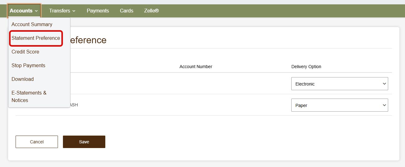 Screenshot of online banking showing how to access the estatement options.