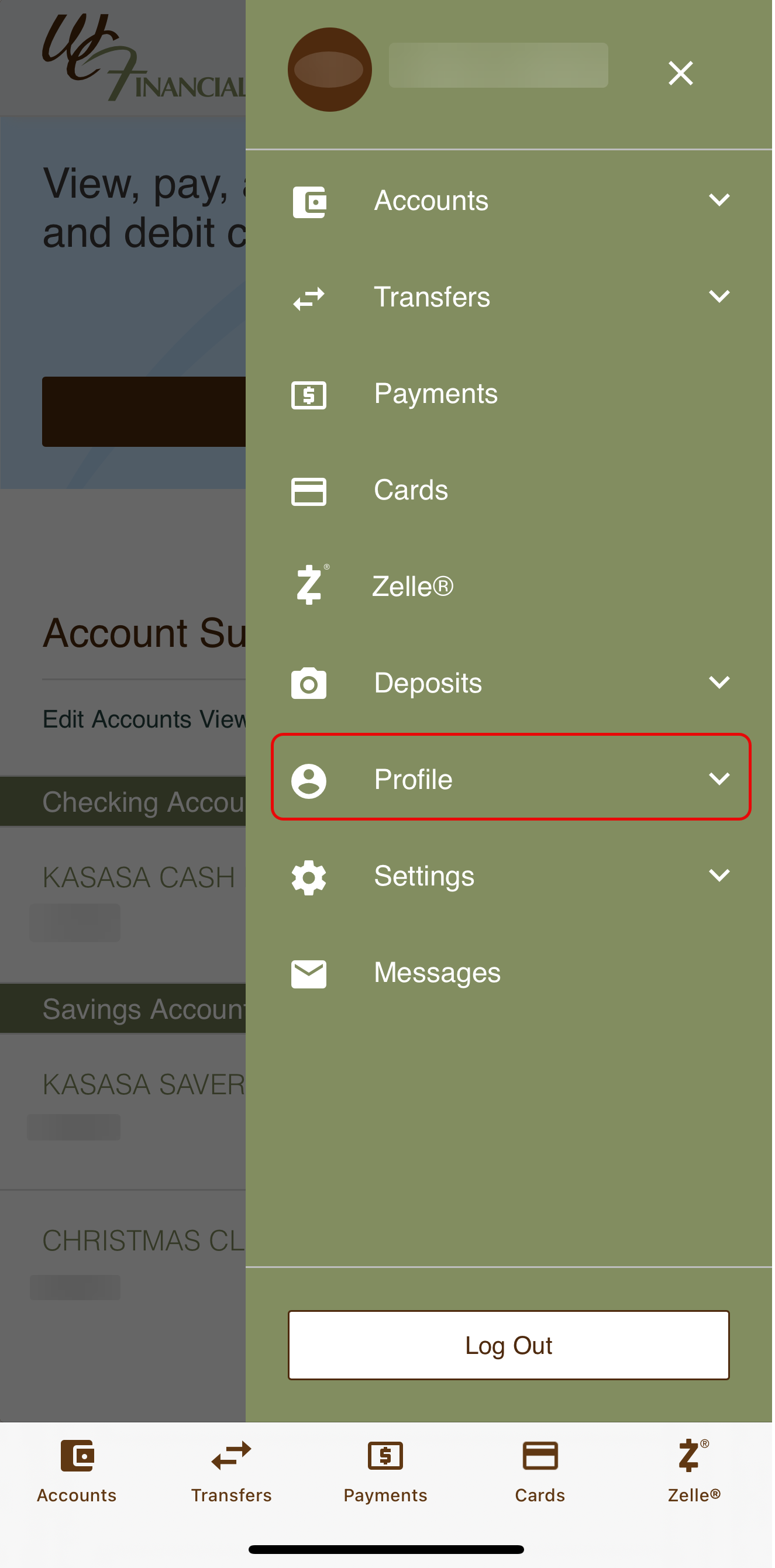 Screenshot of the wcf mobile app menu options