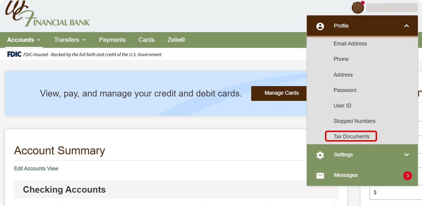 Screenshot of selecting the tax documents option in online banking